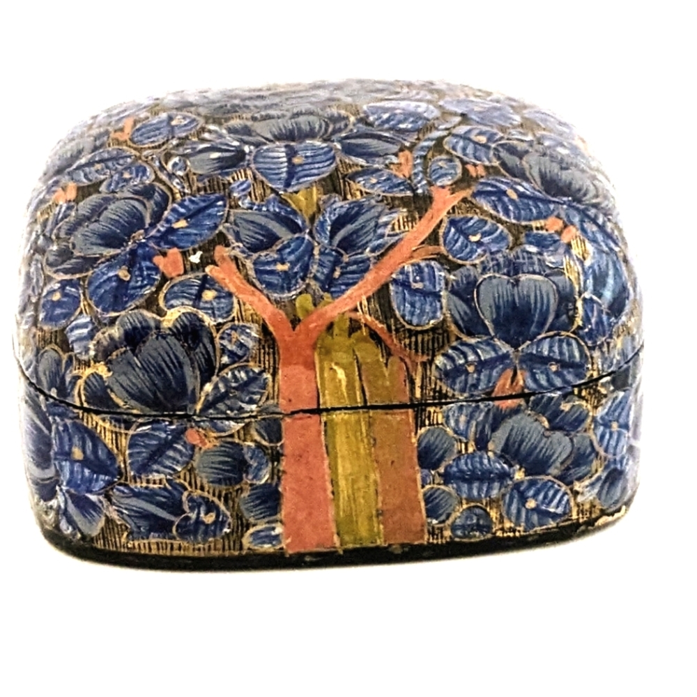 Vintage FETCO Colorful Blue Floral Trinket Square Paper Mache Handmade Box Kashm